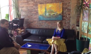 The Plumb Media office. Kate being interviewed by Channel 4 Action News reporter.